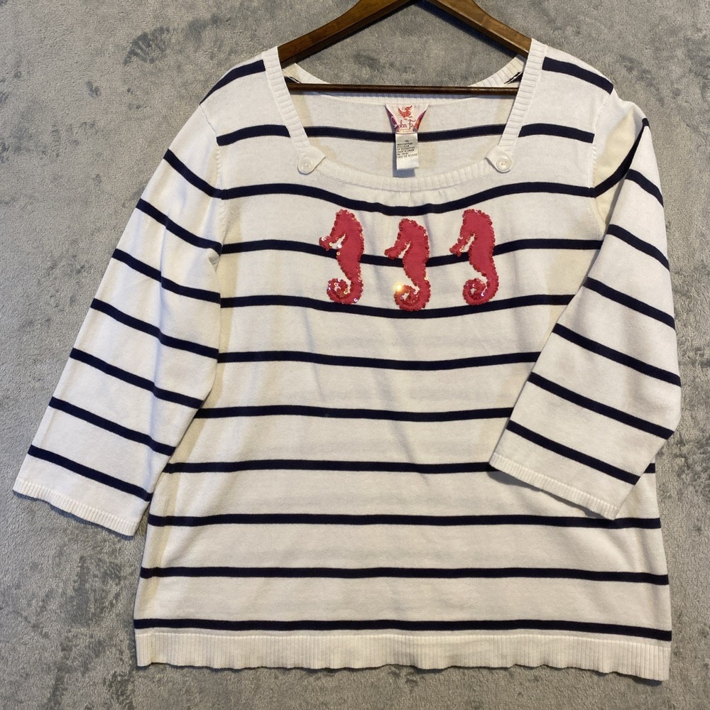 Quacker Factory‎ Sweater Sz XL Seahorses Embellished 3/4 Sleeves Beach Coastal